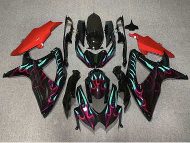Rot & Cyan Flamme 08-10 GSXR 600-750 Motorrad Verkleidung